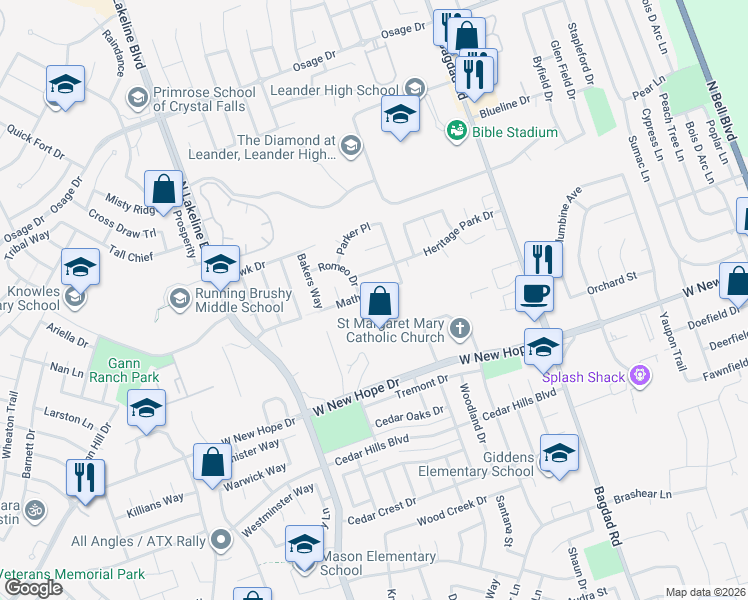 map of restaurants, bars, coffee shops, grocery stores, and more near 1218 Mathias Street in Cedar Park