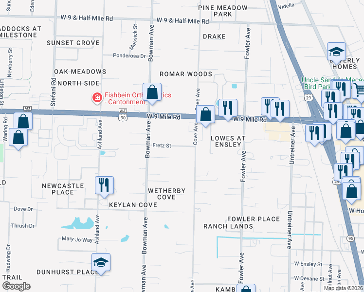 map of restaurants, bars, coffee shops, grocery stores, and more near 1108 Fretz Street in Pensacola