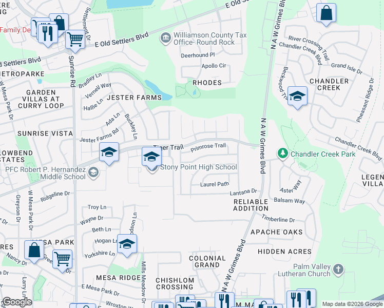 map of restaurants, bars, coffee shops, grocery stores, and more near 1607 Honeysuckle Lane in Round Rock