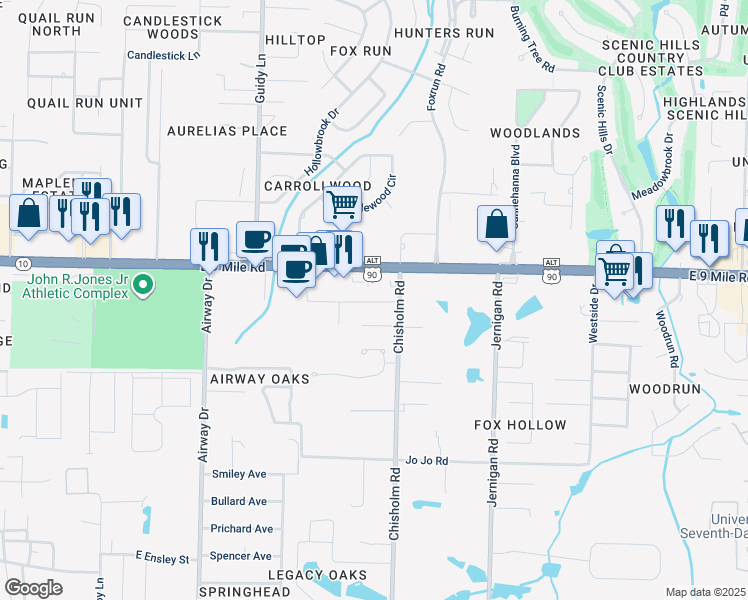 map of restaurants, bars, coffee shops, grocery stores, and more near 1010A Sable Drive in Pensacola