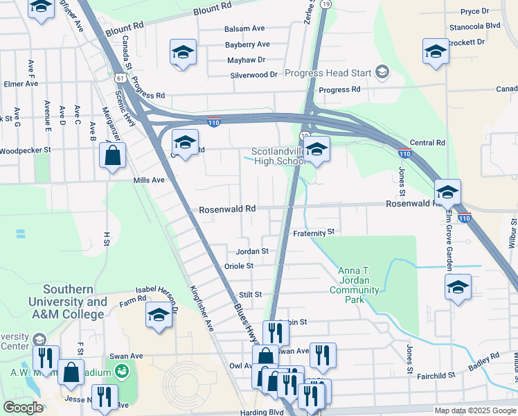 map of restaurants, bars, coffee shops, grocery stores, and more near 9335 Gassie Street in Baton Rouge