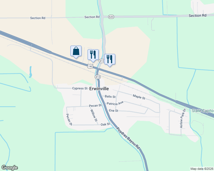 map of restaurants, bars, coffee shops, grocery stores, and more near 4446 Poydras Bayou Drive in Port Allen