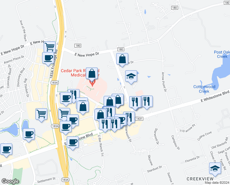 map of restaurants, bars, coffee shops, grocery stores, and more near 1503 Medical Parkway in Cedar Park