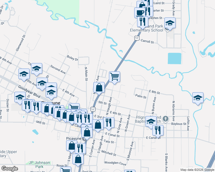 map of restaurants, bars, coffee shops, grocery stores, and more near 714 North Curran Avenue in Picayune