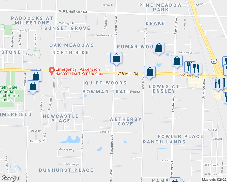map of restaurants, bars, coffee shops, grocery stores, and more near 9259 Bowman Avenue in Pensacola