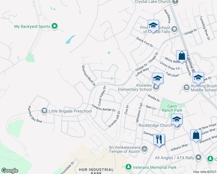 map of restaurants, bars, coffee shops, grocery stores, and more near 2724 Garnet Ridge Drive in Leander