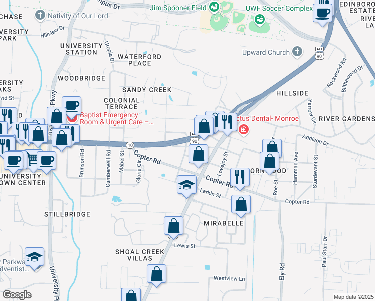 map of restaurants, bars, coffee shops, grocery stores, and more near 9309 Latham Street in Pensacola