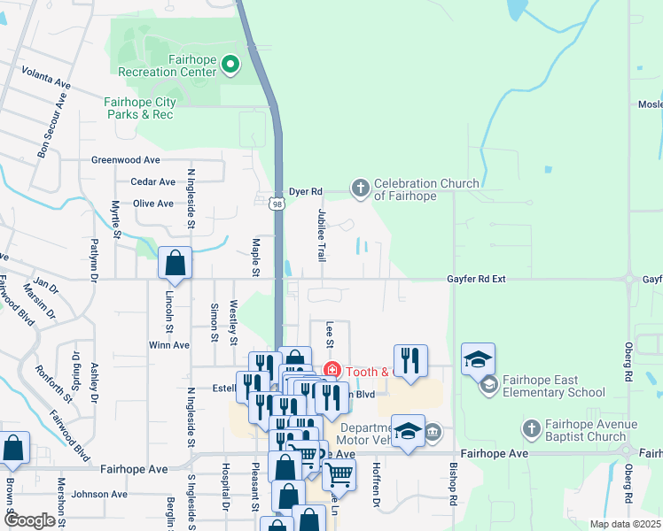 map of restaurants, bars, coffee shops, grocery stores, and more near 8132 Gayfer Road Extension in Fairhope
