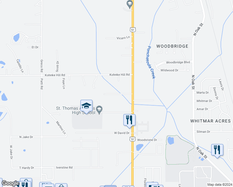 map of restaurants, bars, coffee shops, grocery stores, and more near 14594 Honeysuckle Street in Hammond