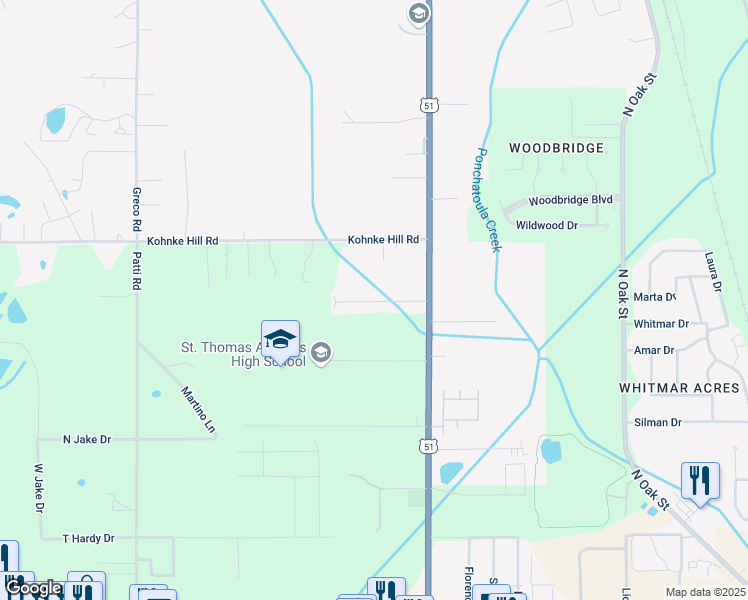 map of restaurants, bars, coffee shops, grocery stores, and more near 14594 Honeysuckle Street in Hammond
