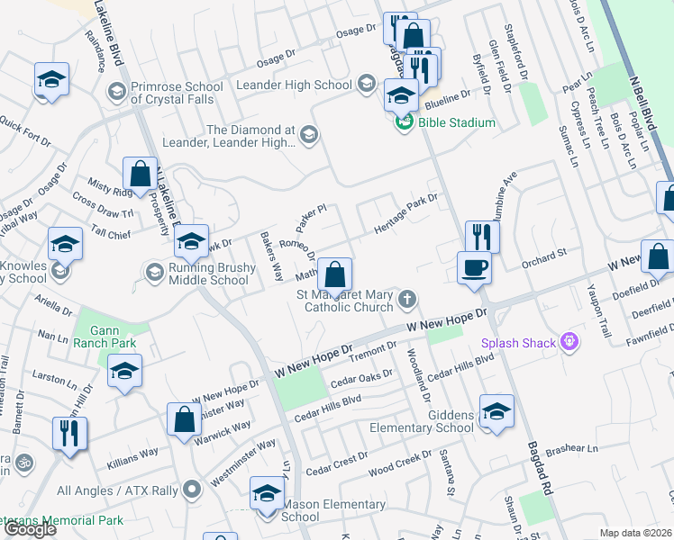 map of restaurants, bars, coffee shops, grocery stores, and more near 1218 Mathias Street in Cedar Park