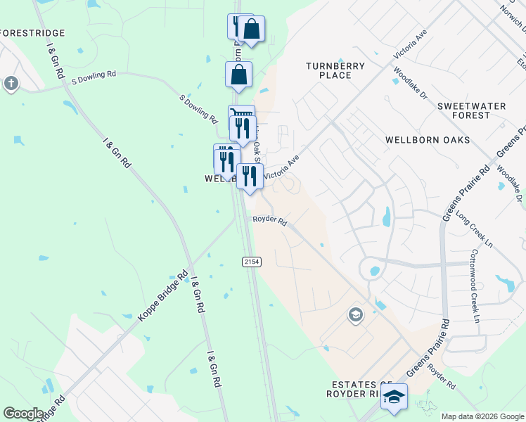 map of restaurants, bars, coffee shops, grocery stores, and more near 15165 Farm to Market 2154 in College Station