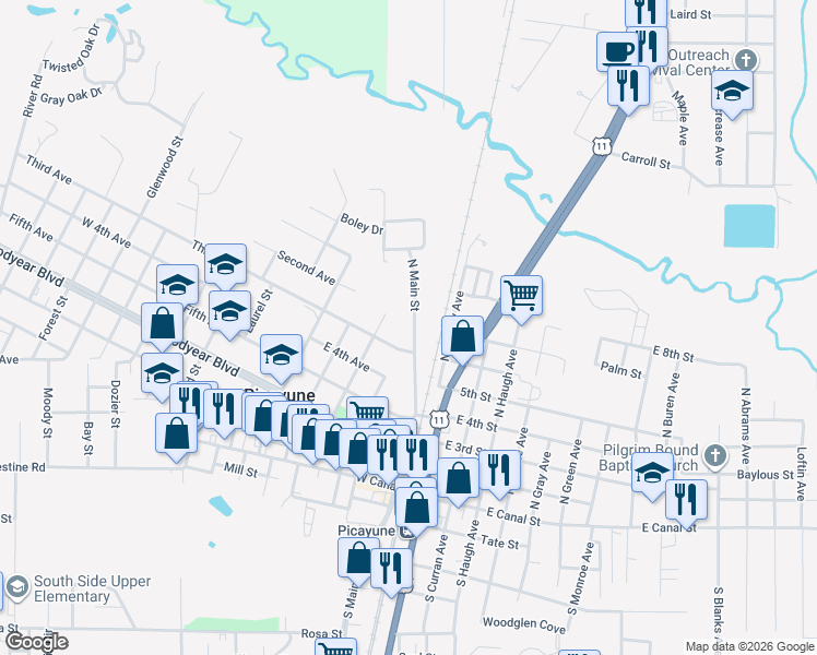 map of restaurants, bars, coffee shops, grocery stores, and more near 100-398 3rd Ave in Picayune