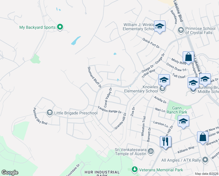 map of restaurants, bars, coffee shops, grocery stores, and more near 2725 Coral Valley Drive in Leander