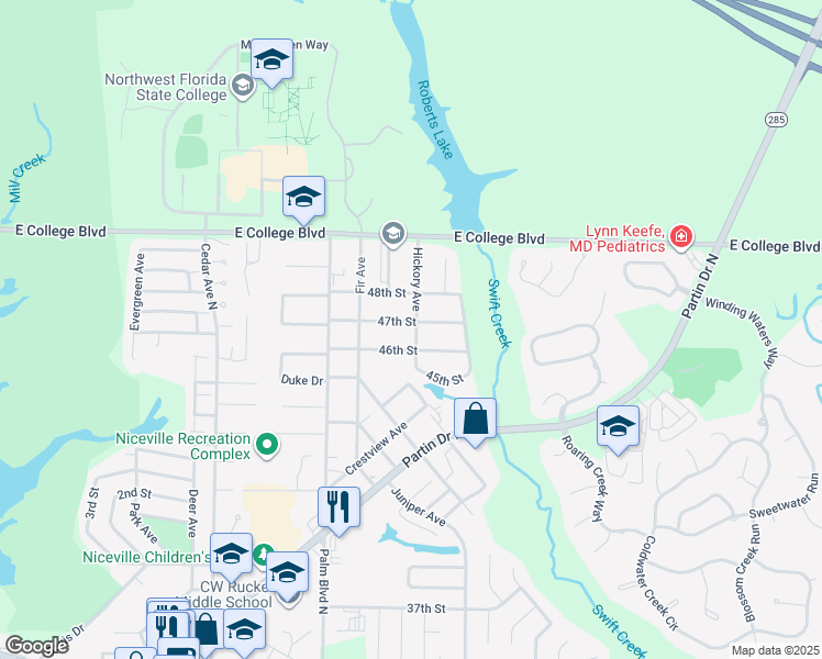 map of restaurants, bars, coffee shops, grocery stores, and more near 1037 46th Street in Niceville