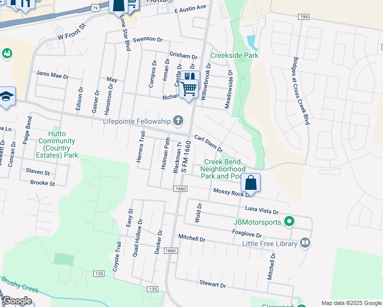 map of restaurants, bars, coffee shops, grocery stores, and more near 200 Lucky Clover Lane in Hutto