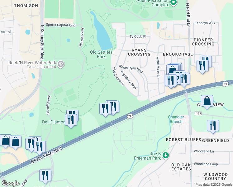 map of restaurants, bars, coffee shops, grocery stores, and more near 3750 East Palm Valley Boulevard in Round Rock