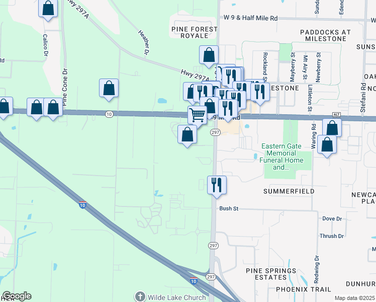 map of restaurants, bars, coffee shops, grocery stores, and more near 9235 Pine Forest Road in Pensacola