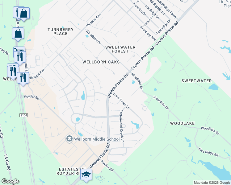 map of restaurants, bars, coffee shops, grocery stores, and more near 15610 Long Creek Lane in College Station