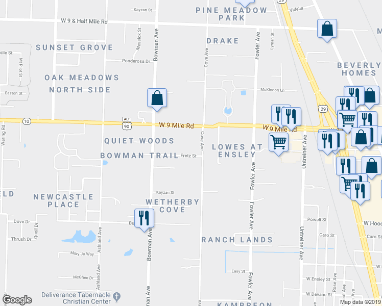 map of restaurants, bars, coffee shops, grocery stores, and more near 1109 Fretz Street in Pensacola