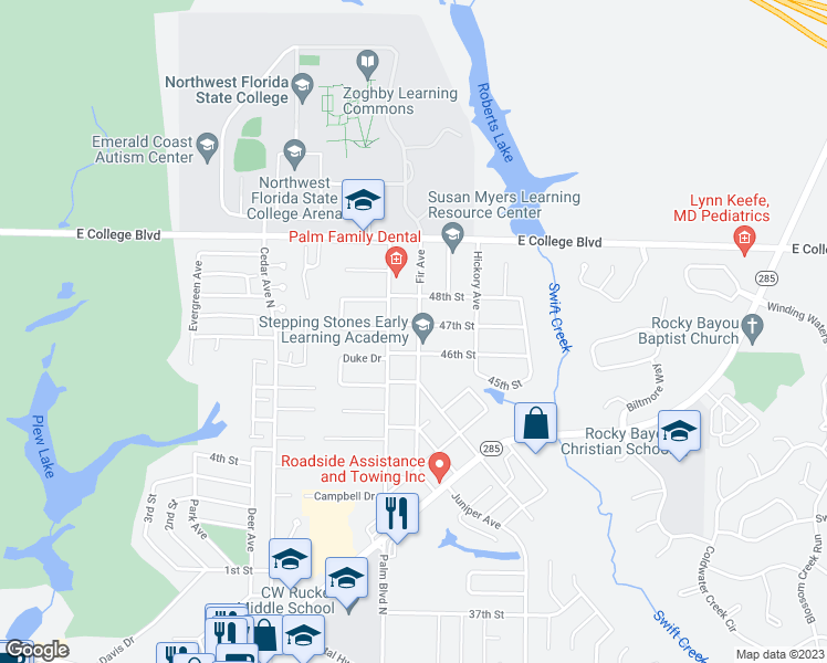 map of restaurants, bars, coffee shops, grocery stores, and more near 916 47th Street in Niceville