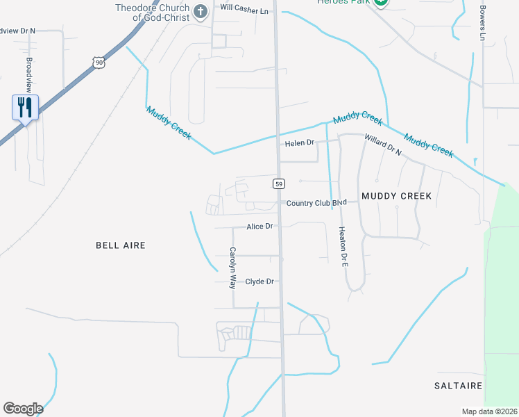 map of restaurants, bars, coffee shops, grocery stores, and more near 5570 Alice Drive in Theodore