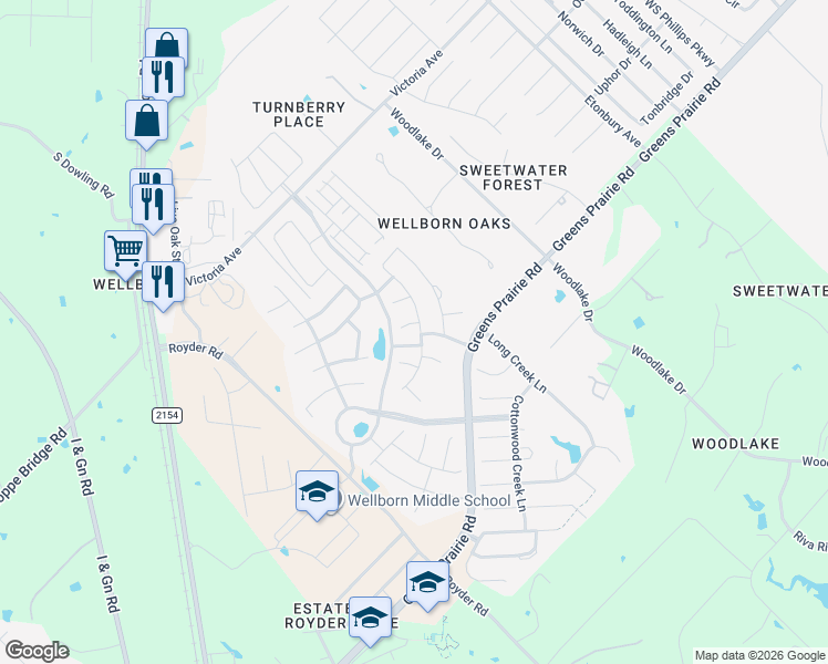 map of restaurants, bars, coffee shops, grocery stores, and more near 15504 Baker Meadow Loop in College Station