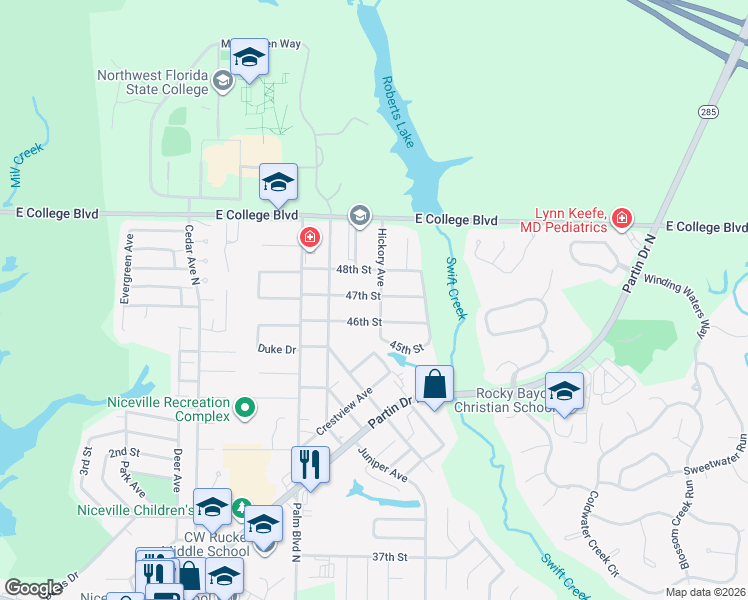 map of restaurants, bars, coffee shops, grocery stores, and more near 1037 46th Street in Niceville