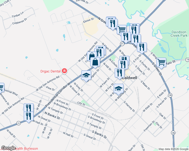 map of restaurants, bars, coffee shops, grocery stores, and more near 300 North Moore Street in Caldwell