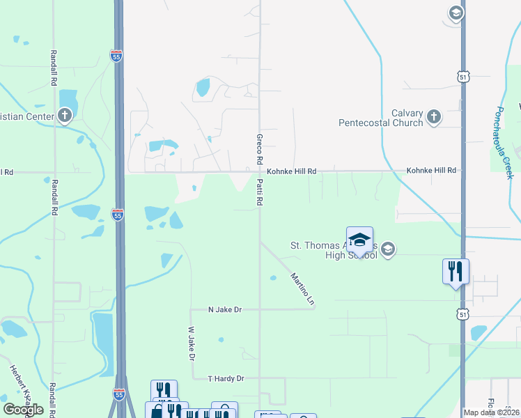 map of restaurants, bars, coffee shops, grocery stores, and more near 46448 Patti Road in Hammond