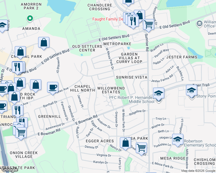 map of restaurants, bars, coffee shops, grocery stores, and more near 403 Cypress Lane in Round Rock