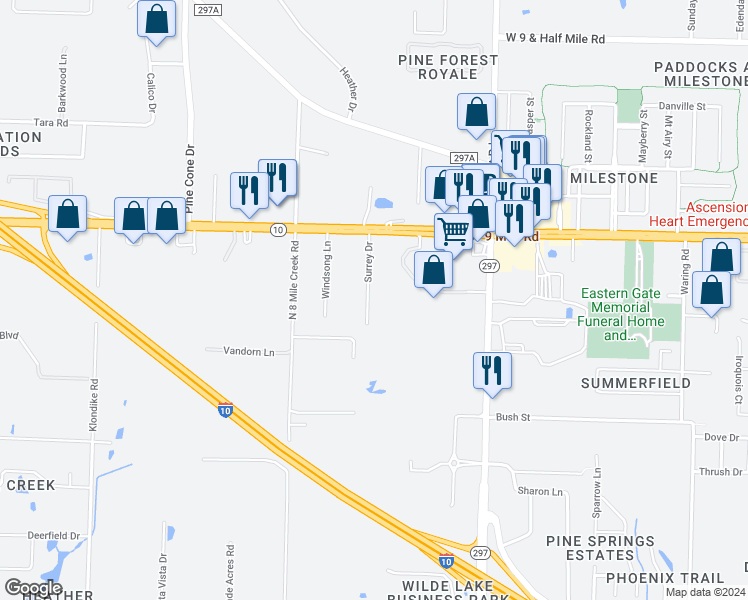 map of restaurants, bars, coffee shops, grocery stores, and more near 9202 Surrey Drive in Pensacola