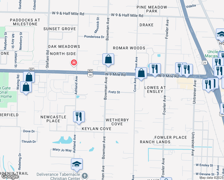 map of restaurants, bars, coffee shops, grocery stores, and more near 1223 Fretz Street in Pensacola