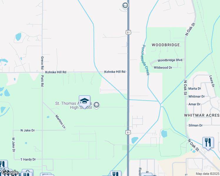 map of restaurants, bars, coffee shops, grocery stores, and more near 14548 Honeysuckle Street in Hammond