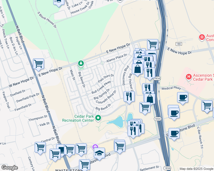 map of restaurants, bars, coffee shops, grocery stores, and more near 804 Big Spring Drive in Cedar Park