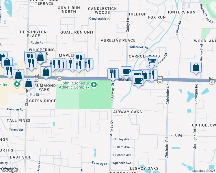 map of restaurants, bars, coffee shops, grocery stores, and more near 555 East 9 Mile Road in Pensacola