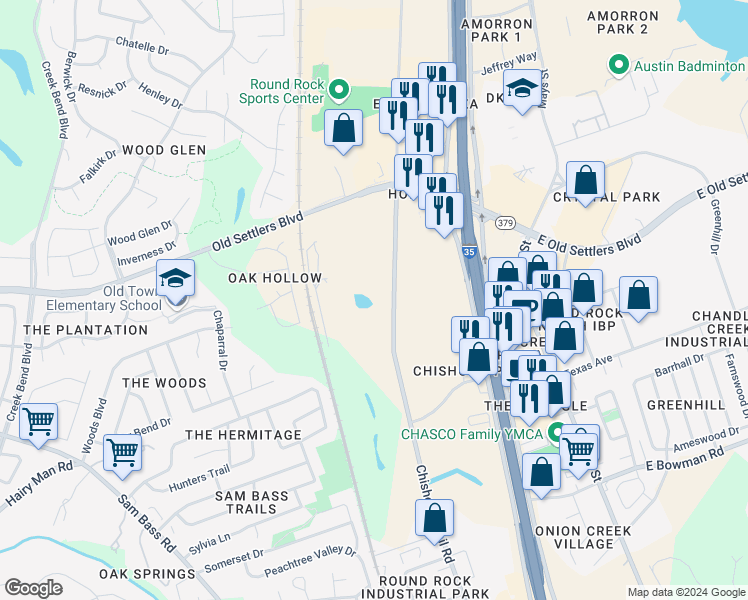 map of restaurants, bars, coffee shops, grocery stores, and more near 2100 Chisholm Trail Road in Round Rock