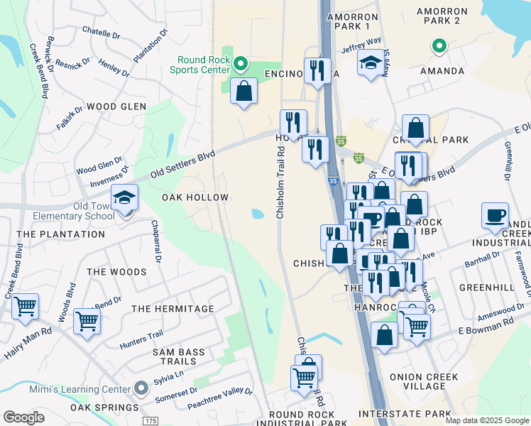 map of restaurants, bars, coffee shops, grocery stores, and more near 2100 Chisholm Trail Road in Round Rock