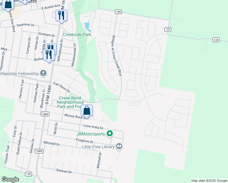map of restaurants, bars, coffee shops, grocery stores, and more near 209 Ladybug Lane in Hutto