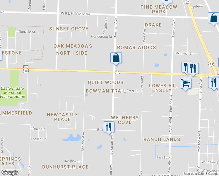map of restaurants, bars, coffee shops, grocery stores, and more near 1318 Jasma Lane in Pensacola