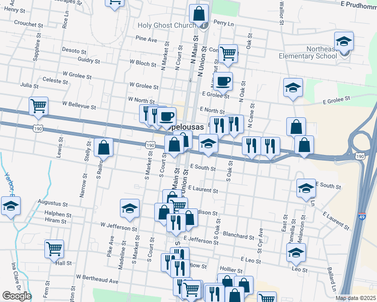 map of restaurants, bars, coffee shops, grocery stores, and more near Ronald Reagan Hwy & LA-182 & S Union St in Opelousas