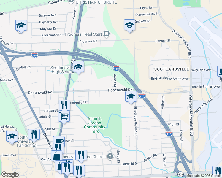 map of restaurants, bars, coffee shops, grocery stores, and more near 1921 Rosenwald Road in Baton Rouge