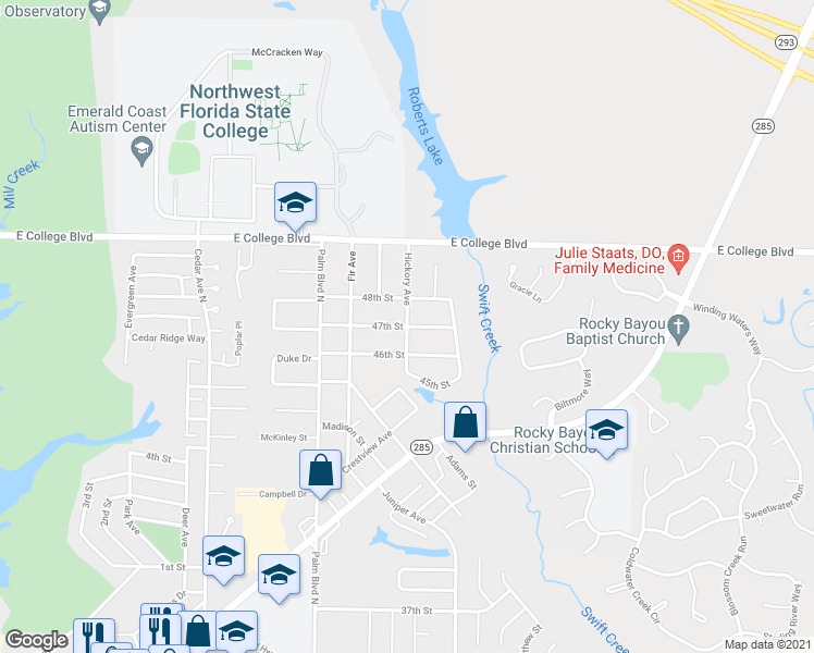 map of restaurants, bars, coffee shops, grocery stores, and more near 1048 48th Street in Niceville