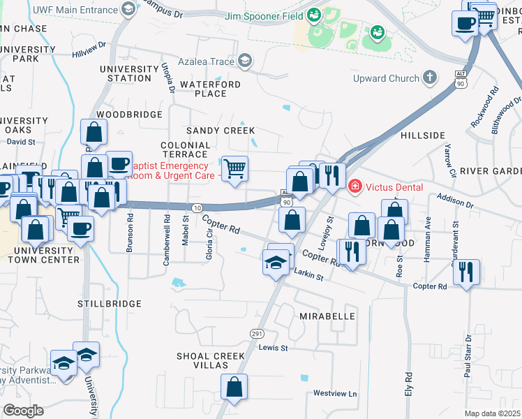map of restaurants, bars, coffee shops, grocery stores, and more near 2430 East 9 Mile Road in Pensacola