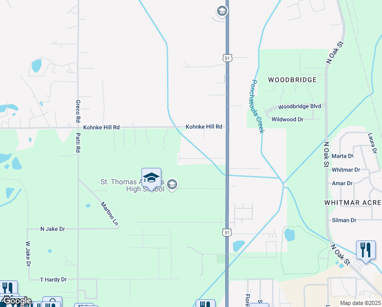 map of restaurants, bars, coffee shops, grocery stores, and more near 14528 Kohnke Hill Road in Hammond