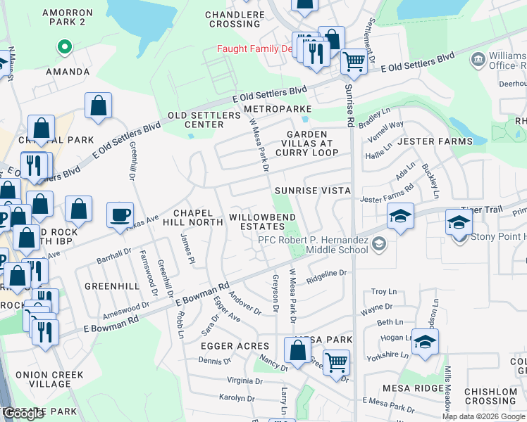 map of restaurants, bars, coffee shops, grocery stores, and more near 701 Misty Morning Way in Round Rock