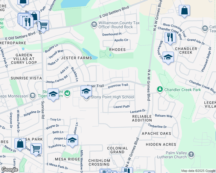 map of restaurants, bars, coffee shops, grocery stores, and more near 1702 Matagorda Drive in Round Rock