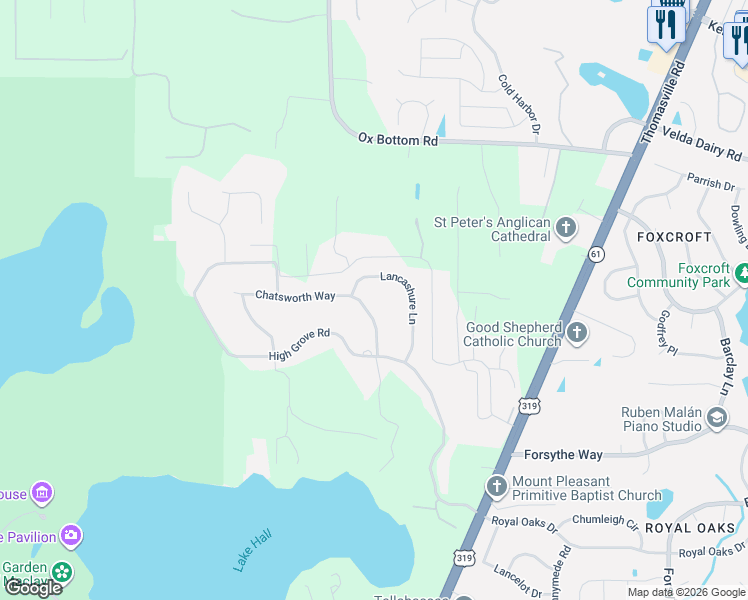 map of restaurants, bars, coffee shops, grocery stores, and more near 4802 Lancashure Lane in Tallahassee