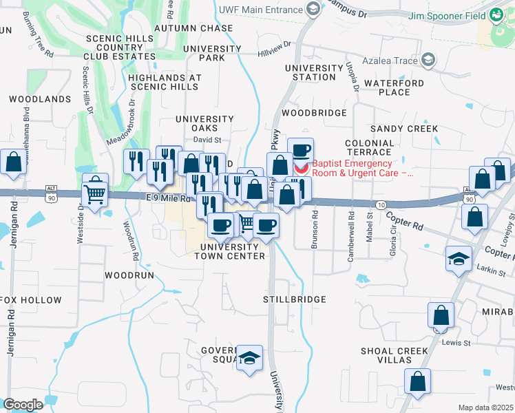 map of restaurants, bars, coffee shops, grocery stores, and more near 1898 East 9 Mile Road in Pensacola