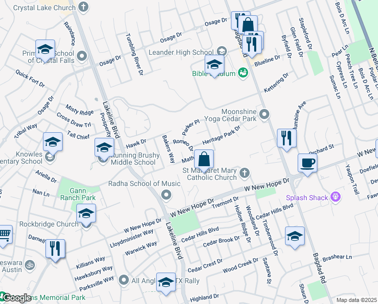 map of restaurants, bars, coffee shops, grocery stores, and more near 2305 Romeo Drive in Cedar Park